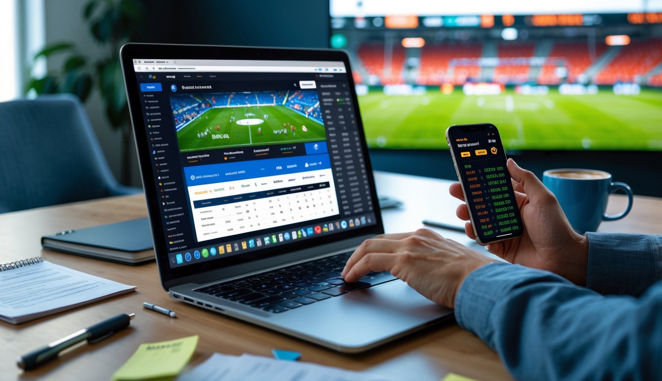 Seorang pengguna bekerja di depan laptop dengan situs taruhan olahraga terbuka, di latar belakang layar menampilkan pertandingan sepak bola langsung.