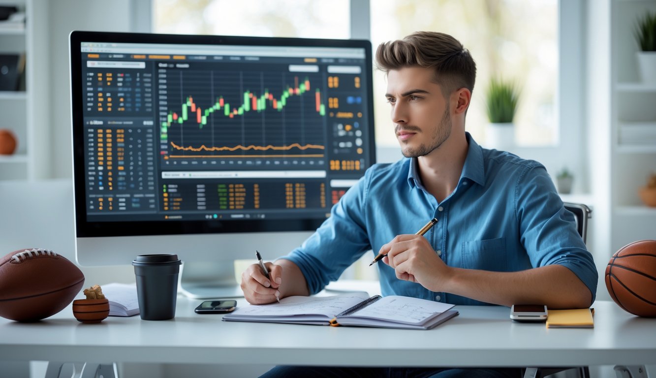 Seorang pria muda duduk di meja kerja modern dengan layar komputer besar yang menampilkan grafik dan angka terkait taruhan olahraga, sambil mencatat di buku catatan di ruang kerja yang terang dan rapi.