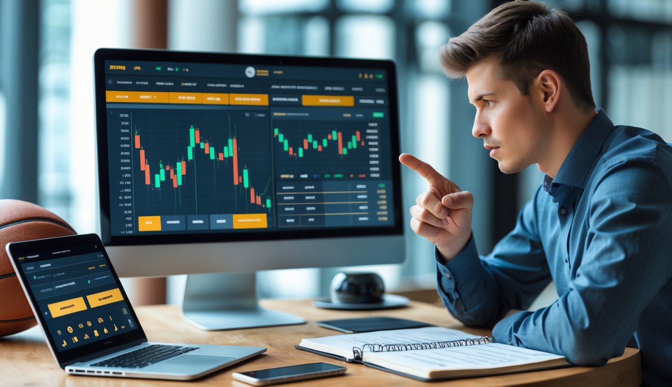 Seorang petaruh olahraga yang serius sedang menganalisis peluang taruhan tinggi di depan laptop dan ponsel di ruang kerja modern.