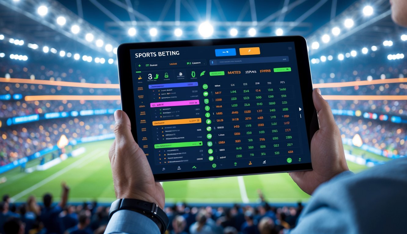 Seorang pria memegang tablet dengan layar menampilkan odds taruhan olahraga, dengan stadion penuh penonton dan lampu terang di latar belakang.