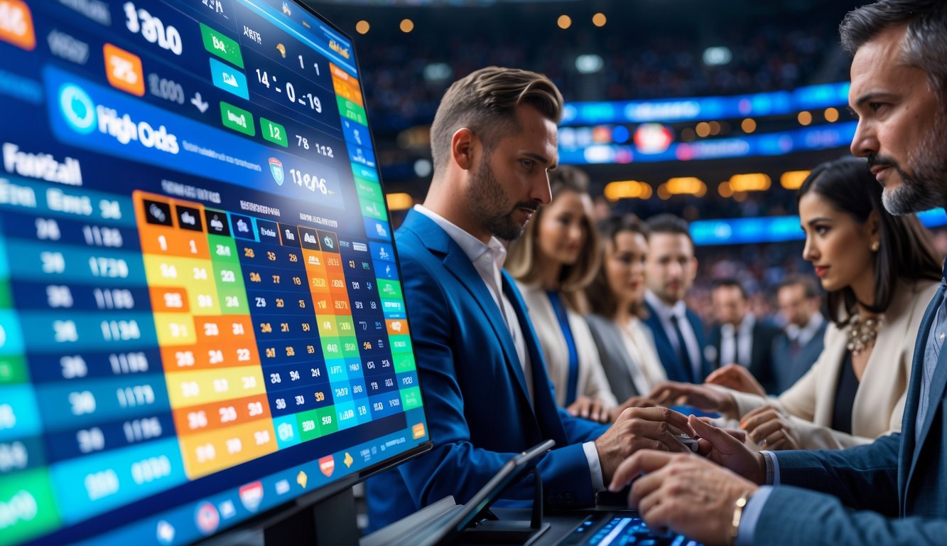 Orang-orang sedang menggunakan perangkat digital untuk melihat peluang taruhan olahraga dengan latar belakang stadion olahraga yang ramai.