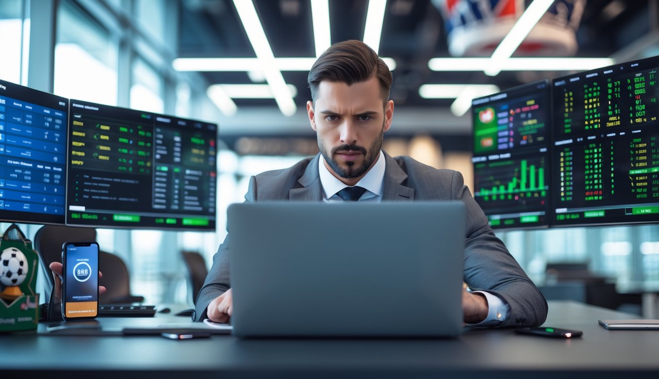 Seorang pemain taruhan olahraga profesional sedang menganalisis peluang taruhan tinggi di beberapa layar digital dalam ruangan kantor modern.