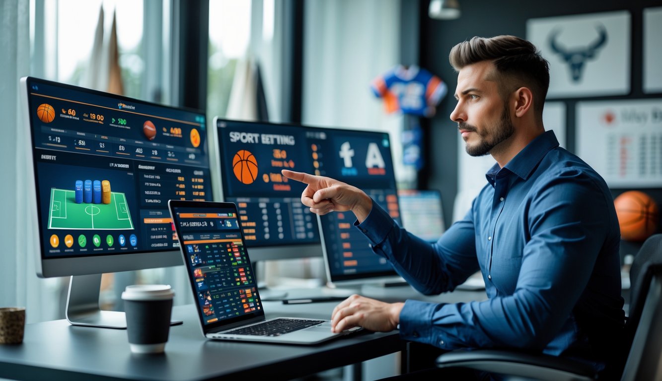 Seorang pria sedang menganalisis layar komputer yang menampilkan data taruhan olahraga di sebuah kantor modern.