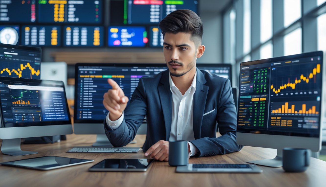 Seorang petaruh olahraga yang fokus melihat beberapa layar digital dengan data peluang taruhan dan grafik keuntungan di sebuah kantor modern.