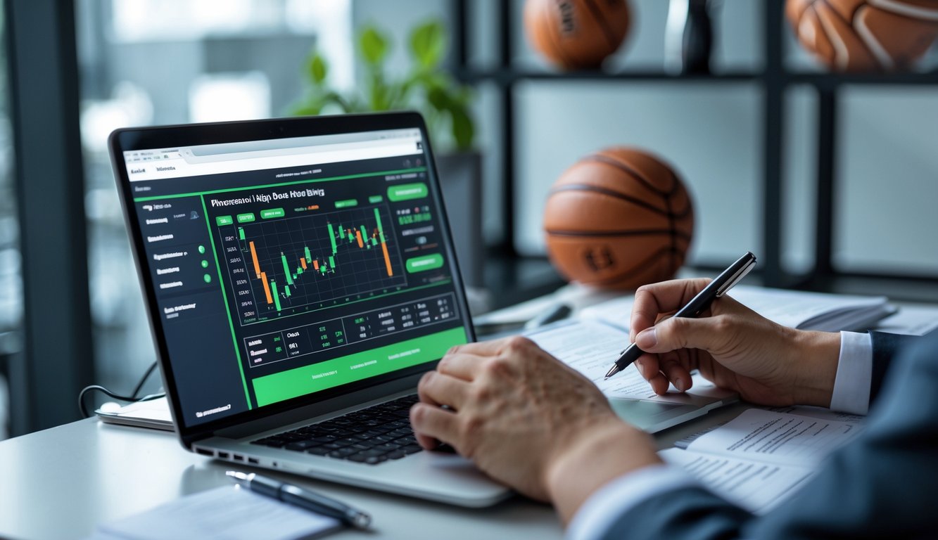 Seorang pria sedang menganalisis data taruhan olahraga di depan laptop dengan bola sepak dan bola basket di latar belakang.