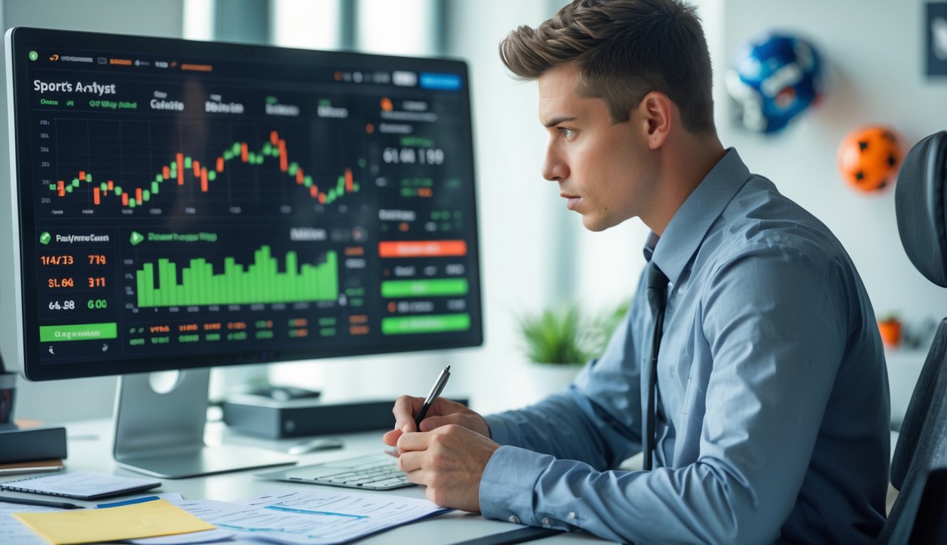Seorang analis olahraga sedang fokus melihat data dan grafik pertandingan di depan komputer di ruang kerja yang rapi.