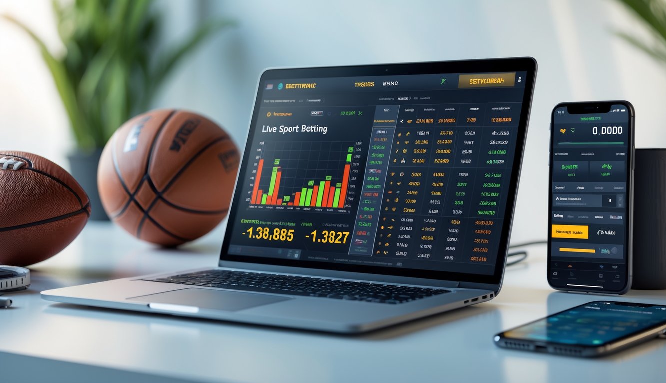 Sebuah meja kerja modern dengan laptop yang menampilkan statistik taruhan sepak bola dan basket, dikelilingi bola sepak, bola basket, dan ponsel dengan aplikasi taruhan.