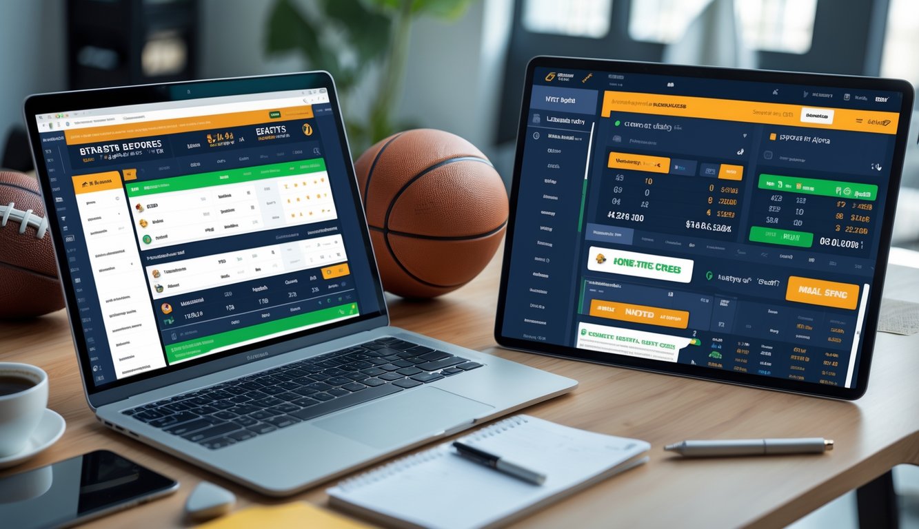 Meja kerja dengan laptop, smartphone, dan tablet yang menampilkan statistik dan skor taruhan sepak bola dan basket, dengan bola sepak dan bola basket di latar belakang.