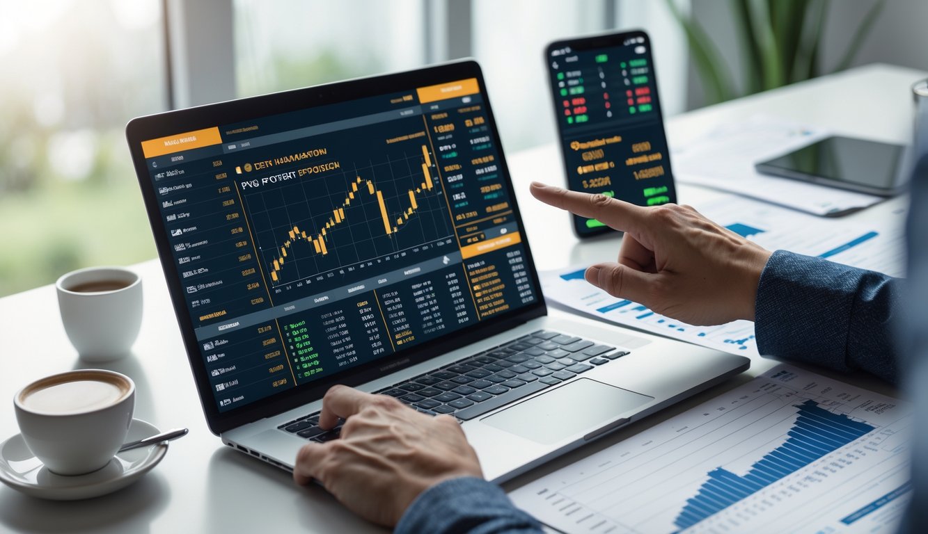 Meja kerja dengan laptop yang menampilkan grafik dan peluang taruhan olahraga, tangan menunjuk layar, serta catatan dan ponsel dengan skor olahraga.