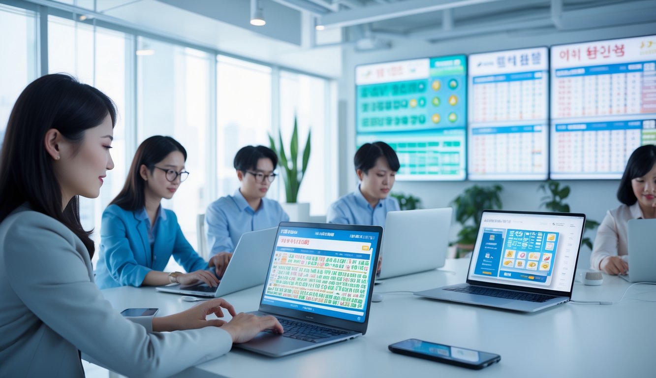 Orang-orang menggunakan laptop dan ponsel di kantor modern dengan layar digital menampilkan angka lotere dan grafik warna-warni.