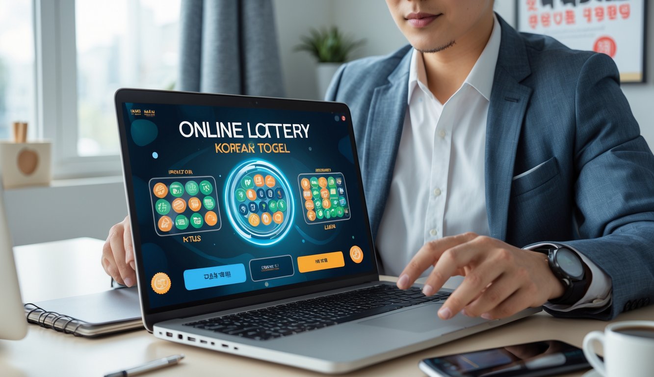 Seseorang menggunakan laptop dan ponsel di meja kerja modern dengan pencahayaan alami, fokus pada aktivitas bermain togel online Korea dengan suasana tenang dan profesional.