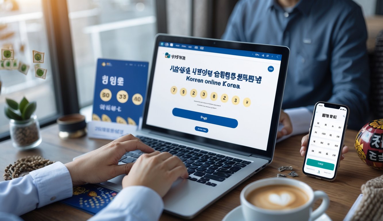Seseorang sedang menggunakan laptop di meja kerja dengan layar menampilkan situs lotere online, dikelilingi ponsel, cangkir kopi, dan hiasan kecil bertema Korea.