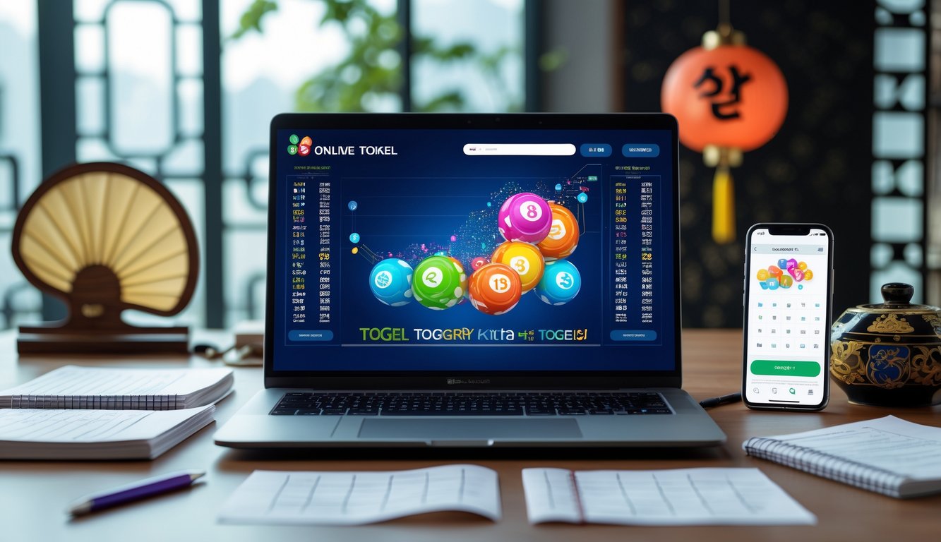 Sebuah meja kerja dengan laptop yang menampilkan angka togel dan grafik, dikelilingi catatan dan ponsel dengan aplikasi togel, dengan elemen budaya Korea di latar belakang.