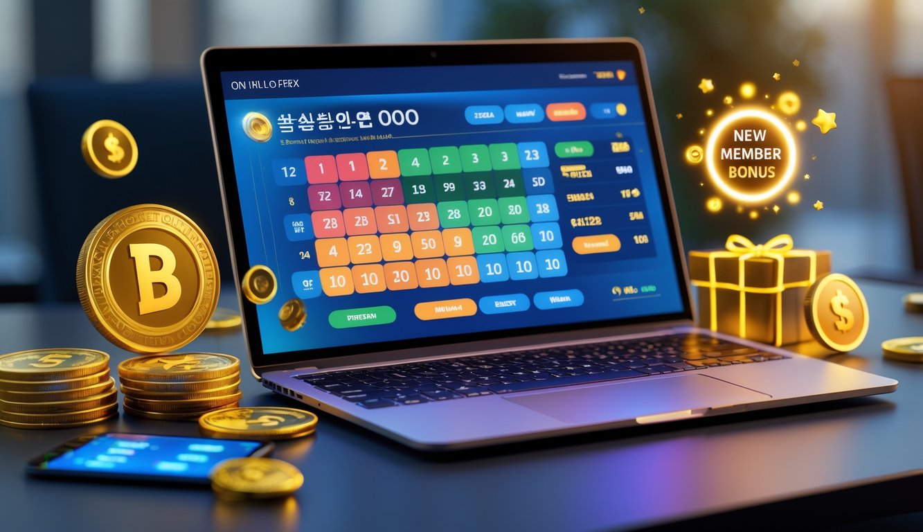 Meja kerja modern dengan laptop yang menampilkan antarmuka lotere online Korea dan koin emas di sekitarnya.