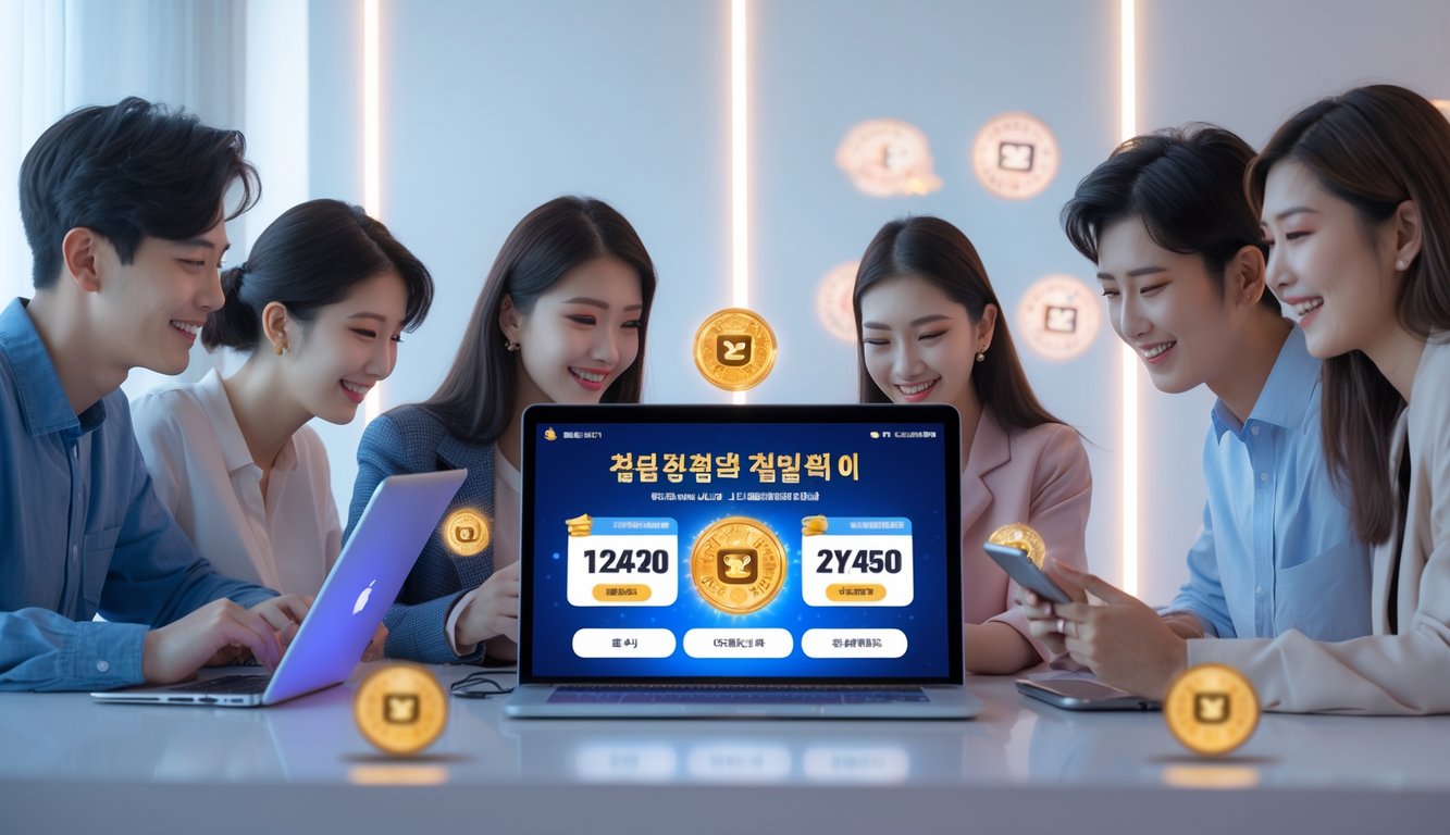 Beberapa orang muda menggunakan perangkat digital di lingkungan modern yang terang, menunjukkan aktivitas bermain togel Korea online dengan suasana profesional dan menyenangkan.