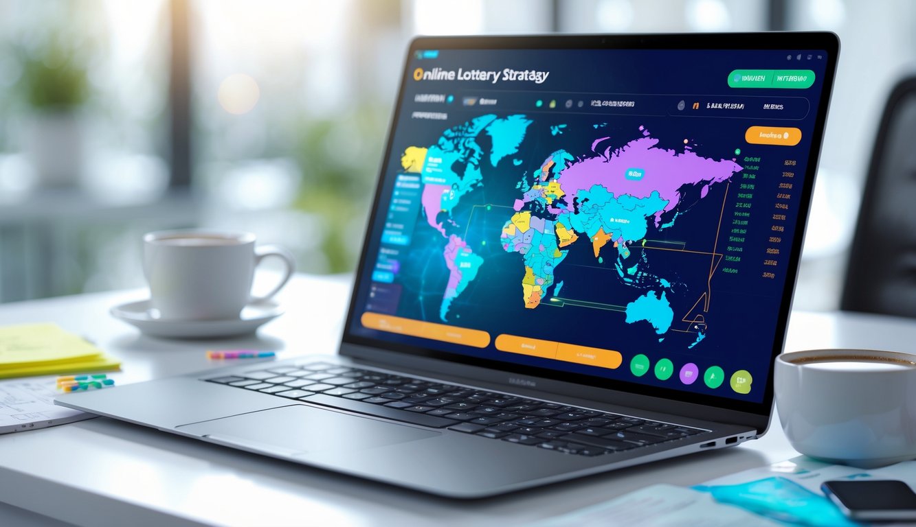 Meja kerja modern dengan laptop yang menampilkan grafik dan peta Korea, dikelilingi catatan, ponsel, dan cangkir kopi.