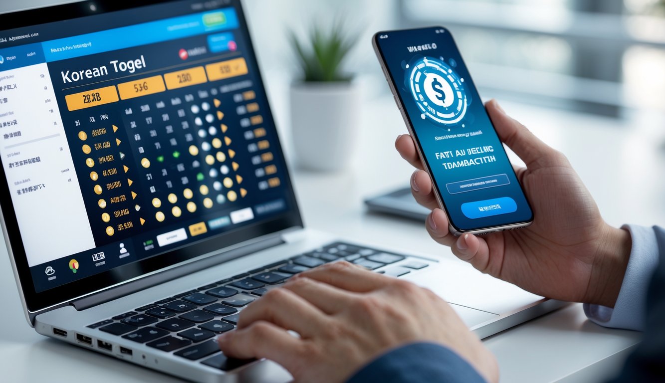 Seorang pengguna sedang menggunakan laptop dan ponsel di meja kerja modern, menunjukkan aktivitas taruhan online dengan suasana yang cerah dan profesional.