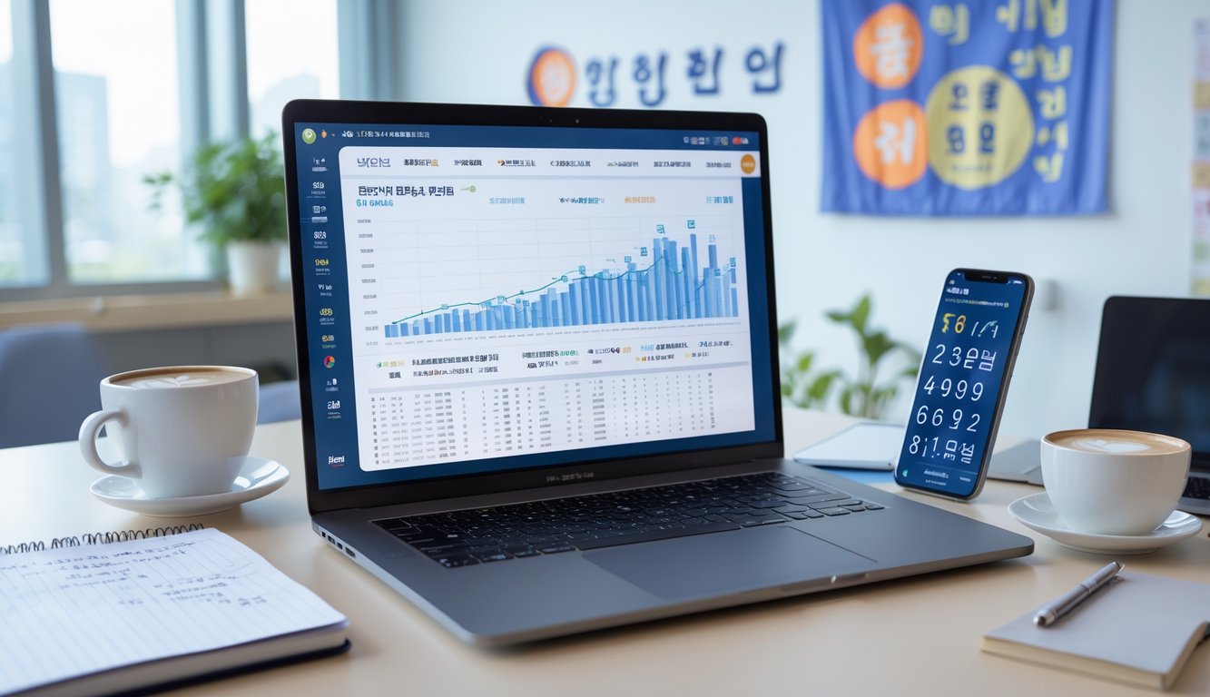 Meja kerja modern dengan laptop menampilkan grafik dan prediksi angka, smartphone dengan aplikasi lotere, buku catatan, dan secangkir kopi di lingkungan kantor yang rapi dan terang.