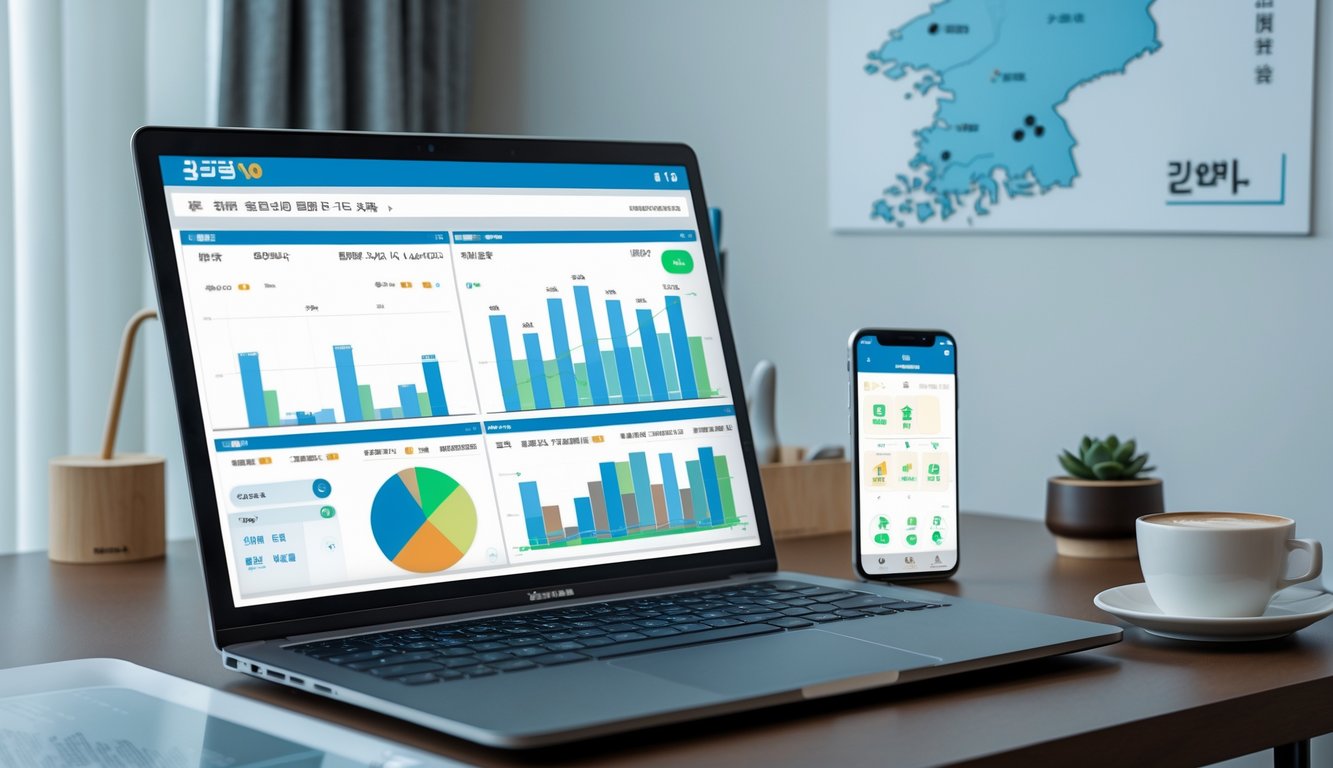 Meja kerja modern dengan laptop yang menampilkan grafik dan data, ponsel dengan aplikasi prediksi togel, serta cangkir kopi di sampingnya.
