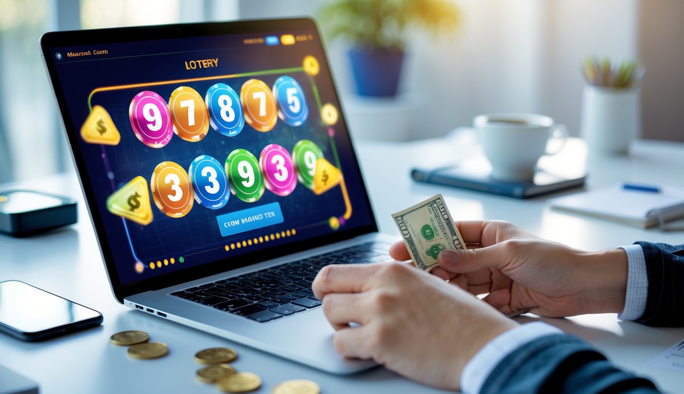 Meja kerja dengan laptop yang menampilkan permainan togel online, tangan memegang sejumlah kecil uang, dan beberapa alat tulis serta kopi di sekitar.