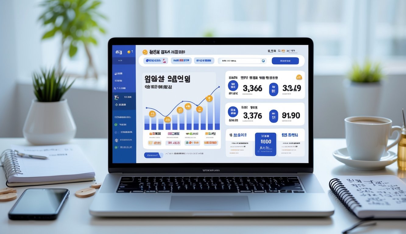 Sebuah meja kerja modern dengan laptop yang menampilkan situs togel Korea online, dikelilingi oleh smartphone, cangkir kopi, dan buku catatan.