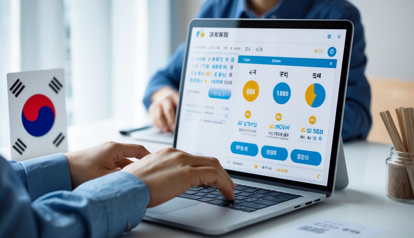 Sebuah ruang kerja modern dengan komputer menampilkan antarmuka lotere online bertema Korea, dengan tangan seseorang yang sedang berinteraksi dengan perangkat tersebut.