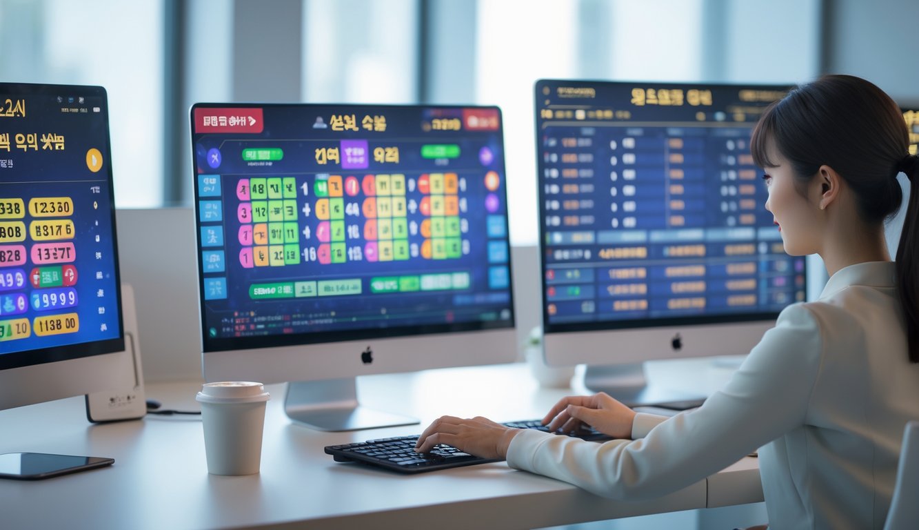 Orang bekerja di depan komputer dengan layar menampilkan angka lotere dan jam digital di meja, suasana profesional dan tenang.