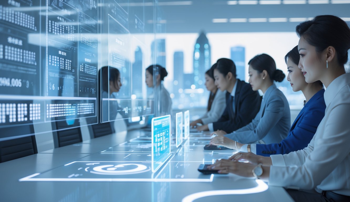 Sejumlah profesional bekerja di ruang kerja modern dengan layar digital transparan menampilkan data abstrak, latar belakang kota Korea di malam hari.