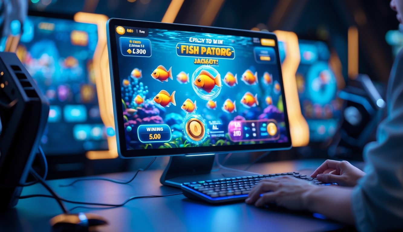 Seseorang menggunakan komputer atau ponsel dengan layar menampilkan permainan tembak ikan berwarna-warni di lingkungan gaming yang modern dan menarik.