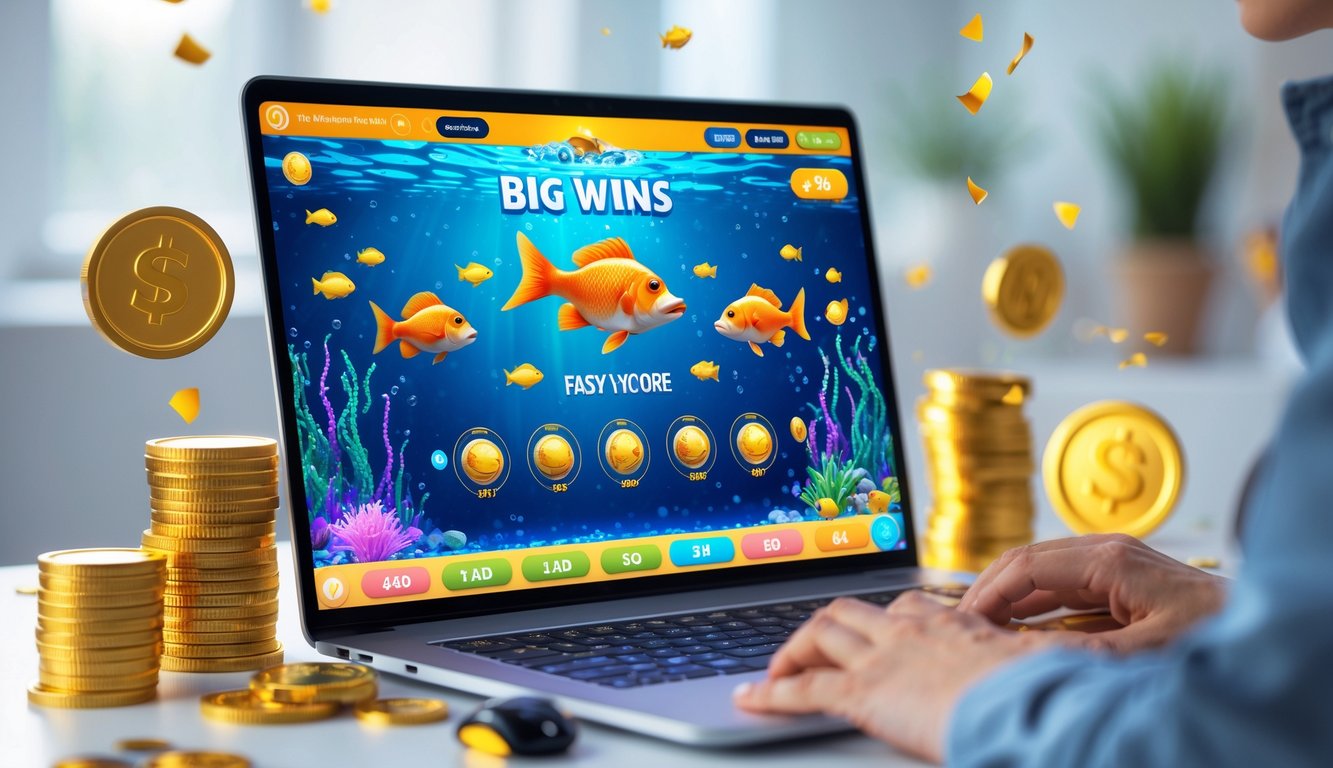 Seseorang bermain permainan judi tembak ikan di komputer dengan latar belakang grafis ikan warna-warni dan simbol kemenangan.