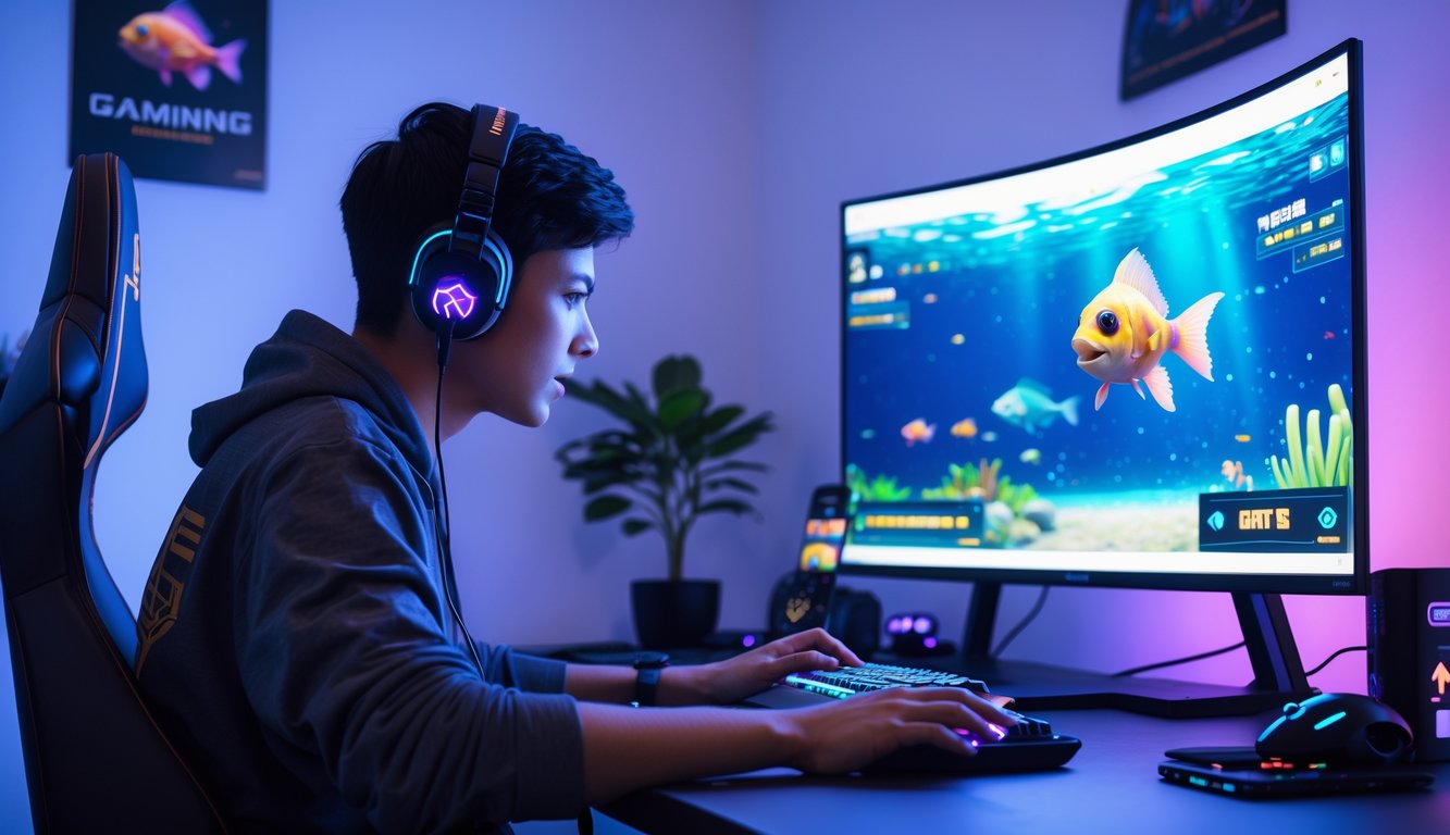 Seorang pemain pemula sedang bermain game tembak ikan di komputer dengan fokus di sebuah ruangan modern.