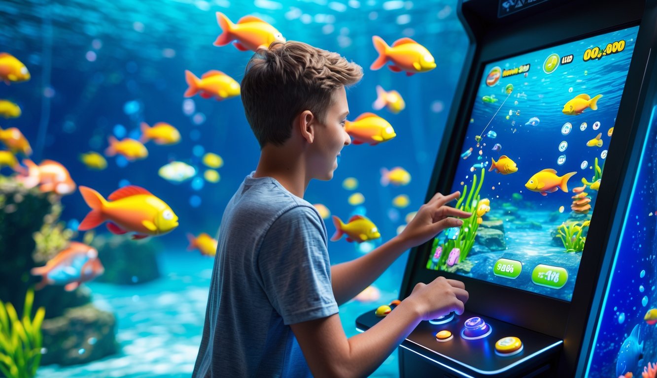 Seorang pemain muda sedang bermain permainan judi tembak ikan dengan layar sentuh yang menampilkan ikan-ikan berwarna-warni di bawah laut.