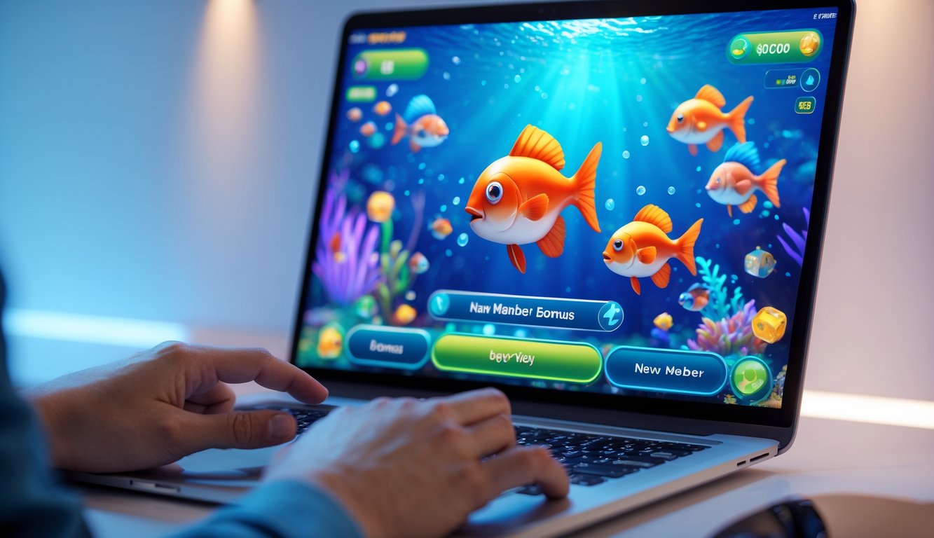 Seseorang sedang bermain game tembak ikan di komputer dengan layar penuh warna dan latar belakang minimalis.