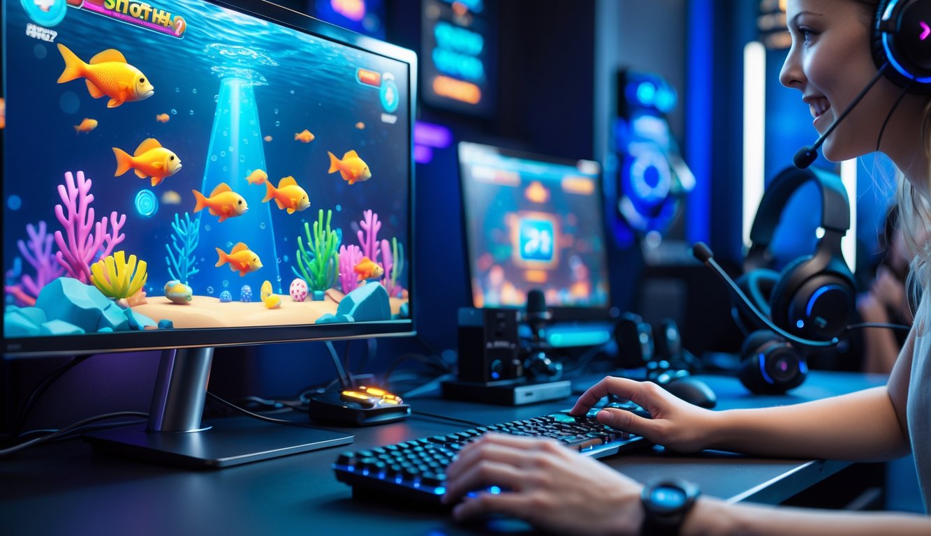 Seseorang sedang bermain game tembak ikan di komputer dengan latar ruangan modern dan peralatan gaming.