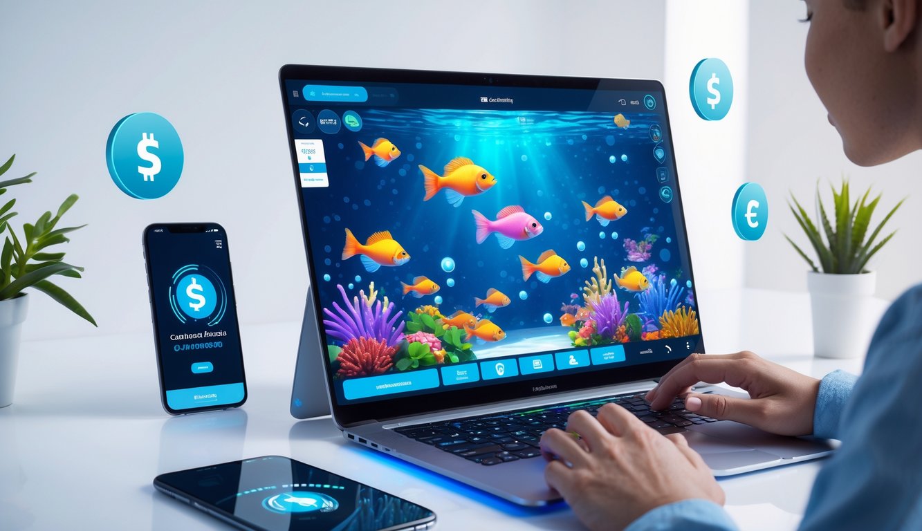 Seorang pengguna sedang bermain game tembak ikan di komputer dengan tampilan grafis bawah laut yang penuh warna, dikelilingi ikon transaksi digital dan smartphone yang menunjukkan konfirmasi deposit cepat.