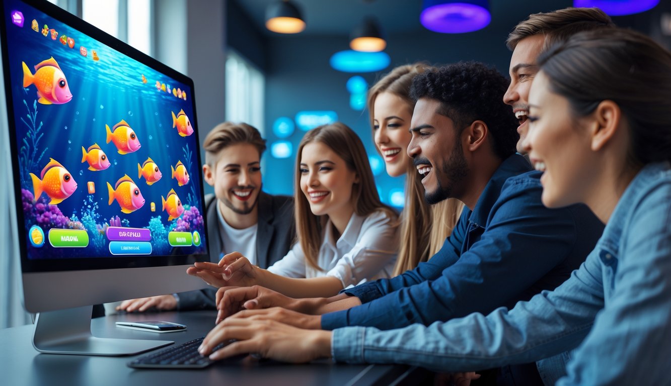 Sekelompok orang muda bermain game judi tembak ikan di perangkat digital dengan latar belakang bertema bawah laut yang cerah dan penuh warna.