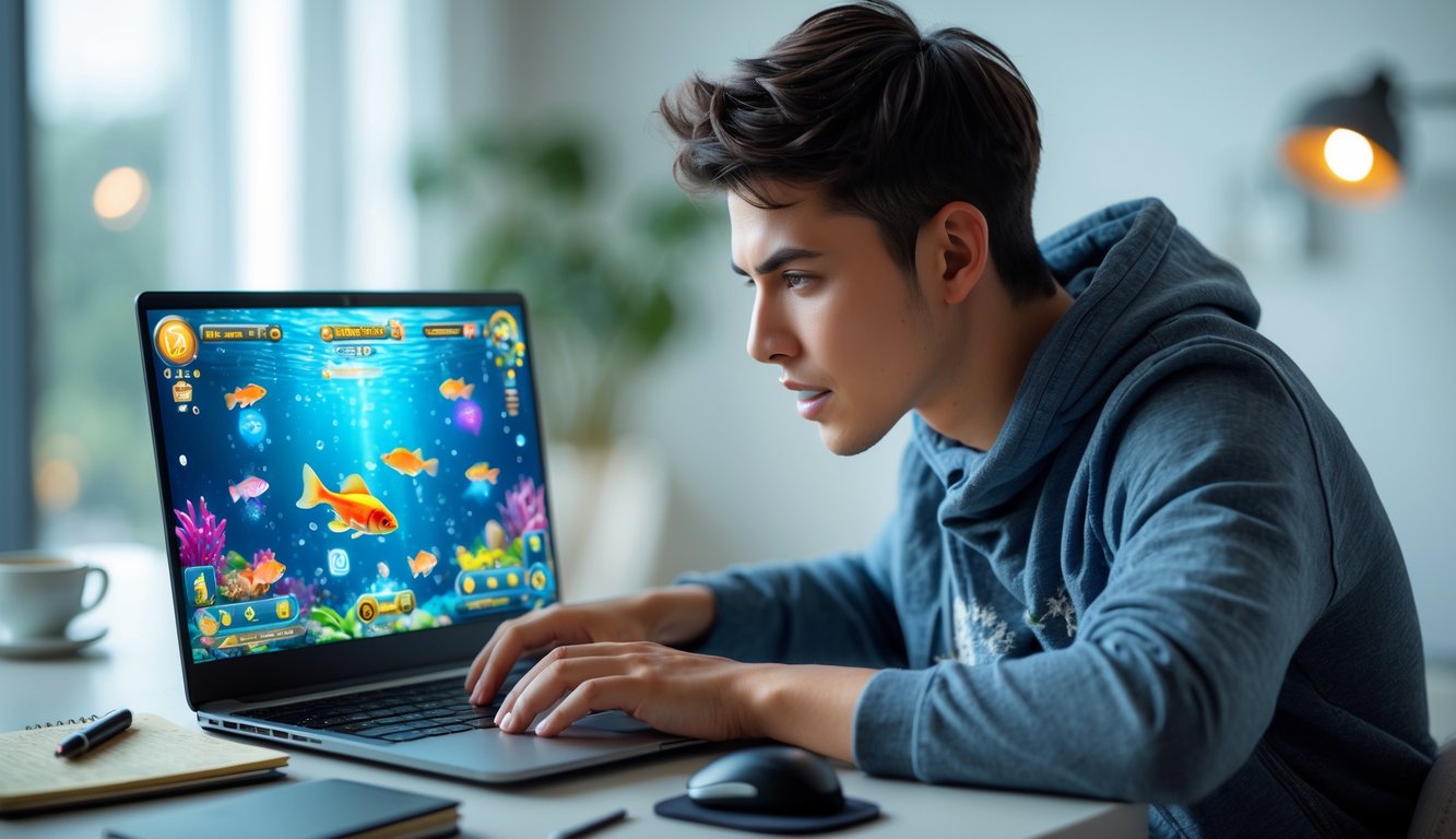 Seorang pria muda sedang fokus bermain permainan judi tembak ikan di laptop di sebuah ruangan modern.