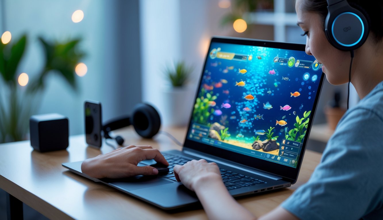 Seseorang sedang bermain permainan tembak ikan di laptop di ruangan yang nyaman dengan pencahayaan lembut.