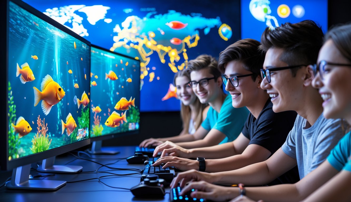 Beberapa orang muda sedang bermain game tembak ikan di komputer dengan layar menampilkan ikan warna-warni di bawah laut.