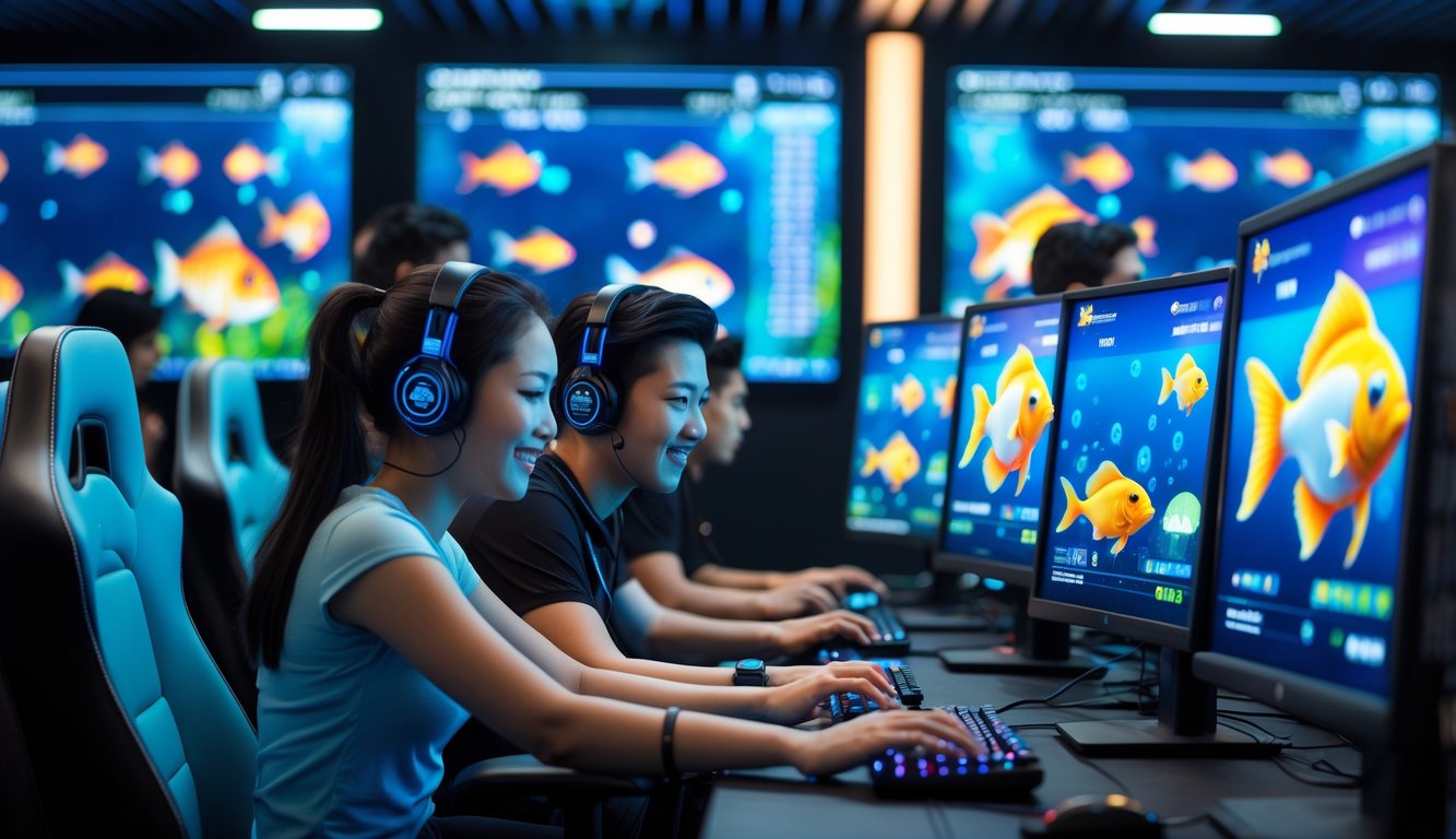 Sekelompok orang muda sedang bermain game tembak ikan di komputer dalam ruangan modern dengan layar penuh warna dan suasana fokus.