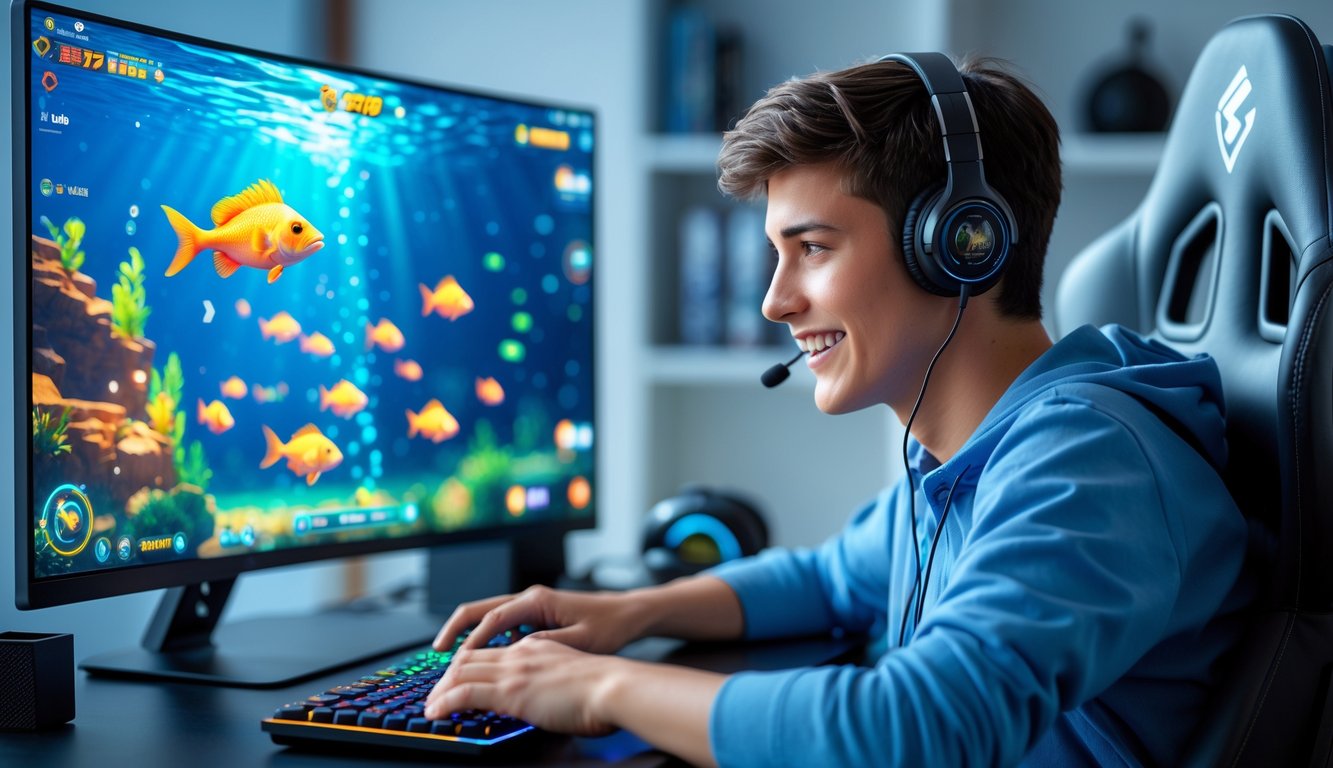 Seorang pria muda sedang bermain game tembak ikan di komputer dengan ekspresi fokus dan senang di ruang kerja modern.