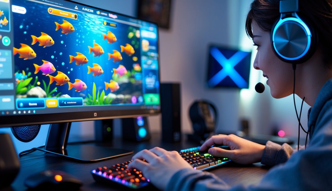 Seorang pemain sedang menggunakan komputer dengan layar menampilkan permainan tembak ikan berwarna-warni di ruangan yang nyaman.