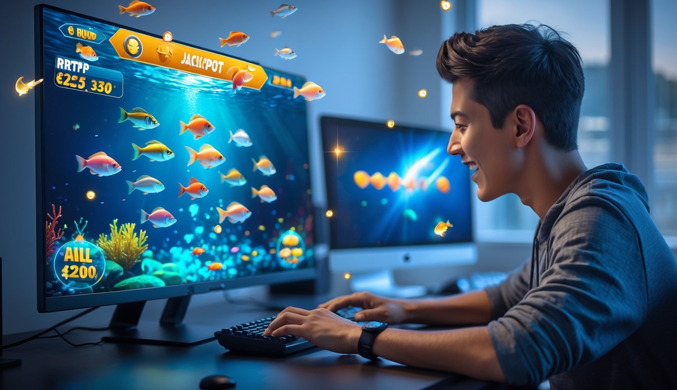 Seorang pria muda sedang bermain permainan tembak ikan di komputer dengan latar belakang bawah laut penuh ikan berwarna-warni.
