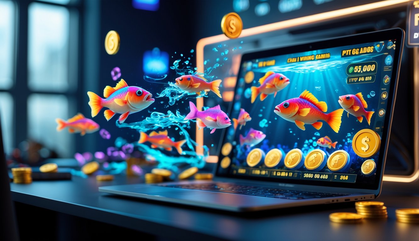 Sebuah ruangan dengan komputer menampilkan permainan tembak ikan yang penuh warna dan efek visual, menandakan kemenangan dan jackpot besar.