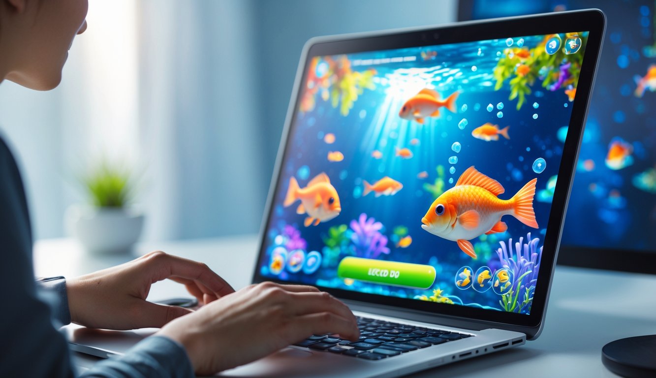 Tangan seseorang bermain permainan tembak ikan di layar komputer dengan latar belakang laut berwarna-warni.