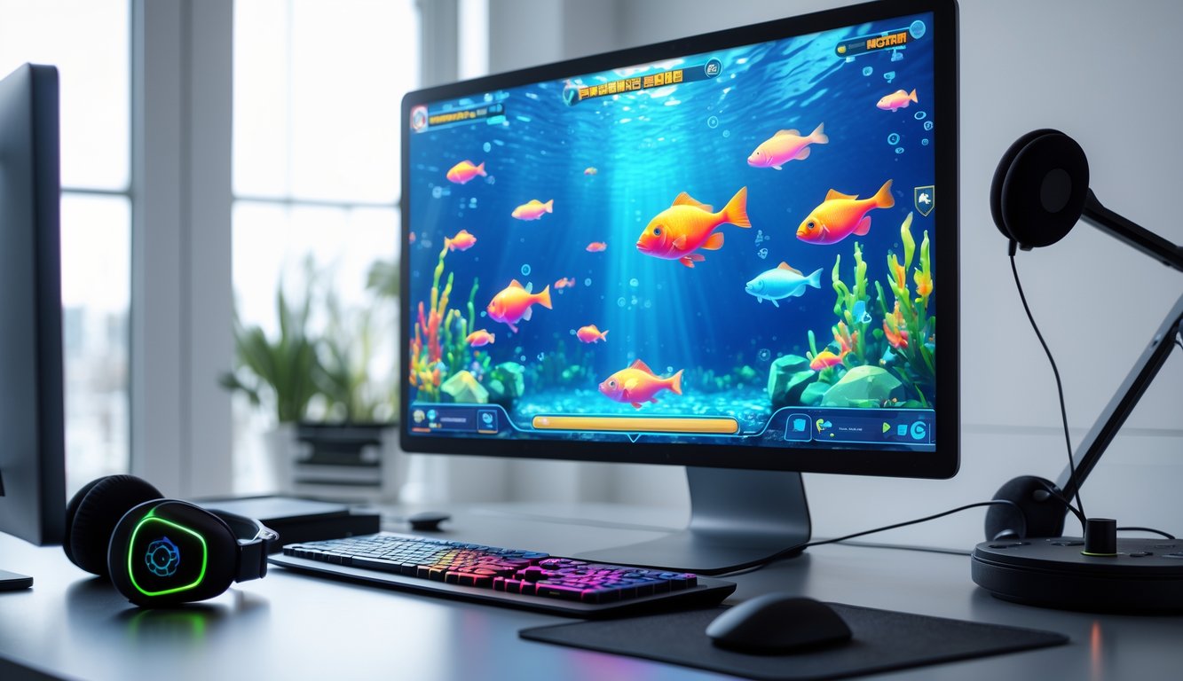 Seseorang sedang bermain permainan tembak ikan di komputer dengan tampilan ikan berwarna-warni di layar dalam ruangan kantor rumah yang terang.