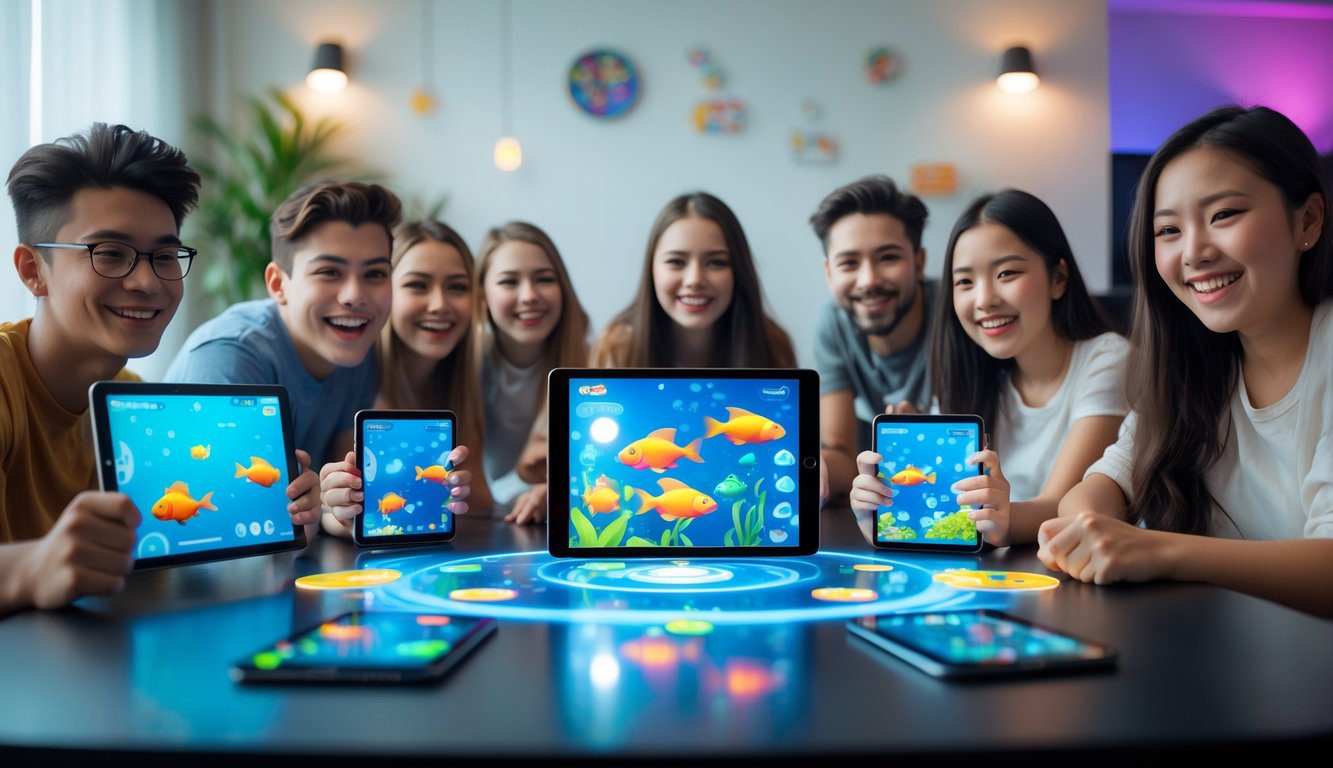 Sekelompok orang muda sedang bermain game tembak ikan secara online dengan perangkat digital di meja dalam ruangan modern.