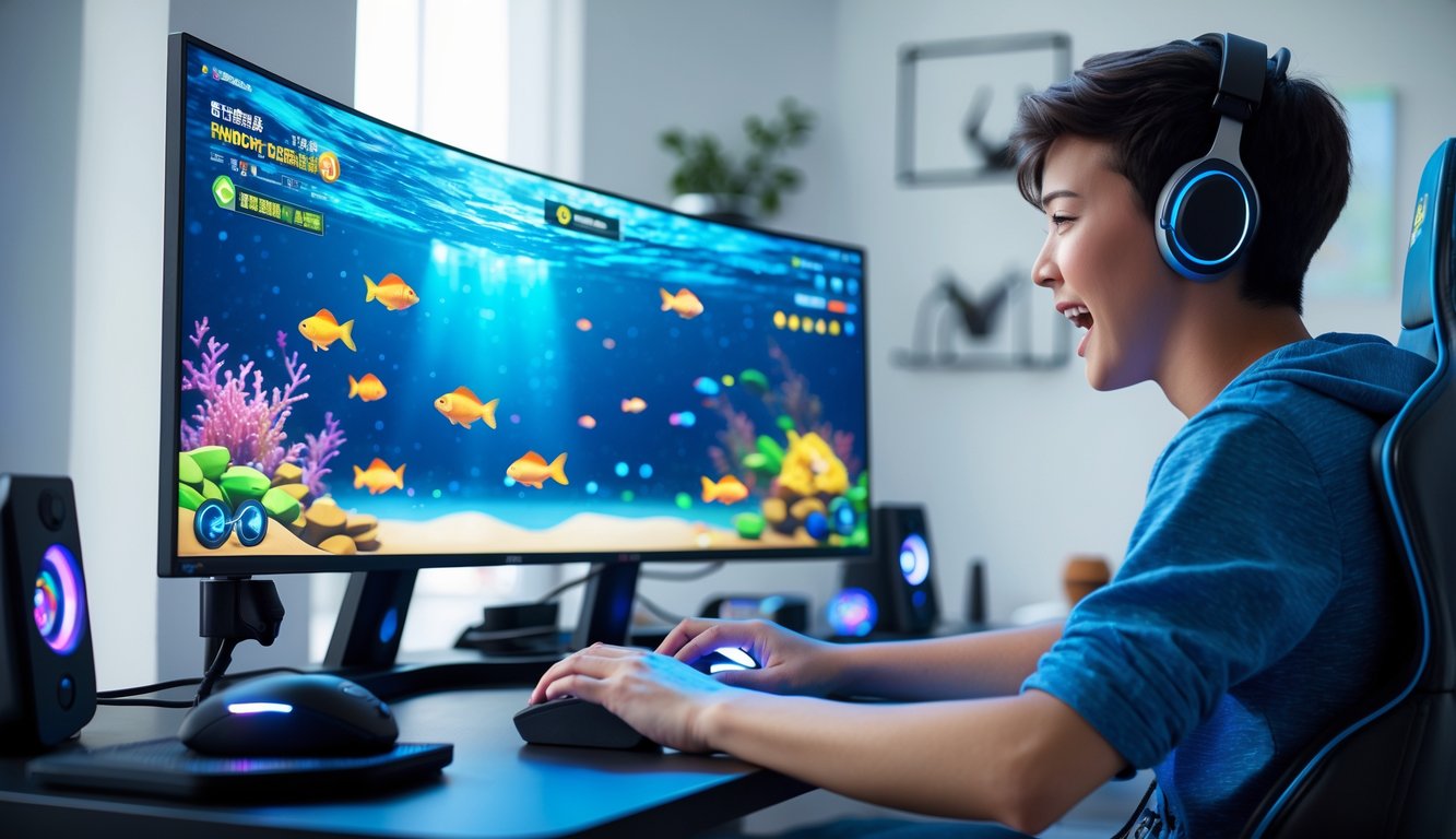 Seorang pemain muda sedang bermain game tembak ikan di komputer dengan latar belakang ruangan yang terang dan rapi.