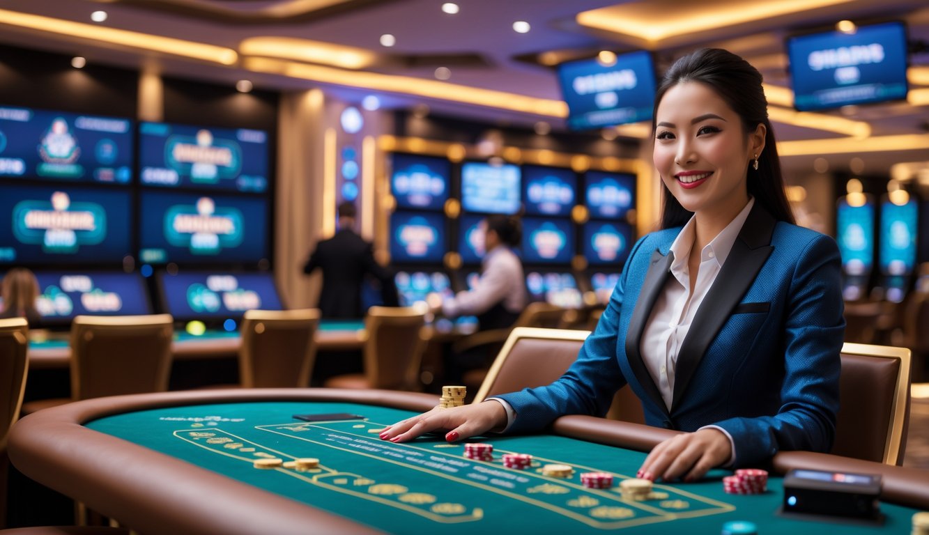 Seorang dealer wanita tersenyum di meja kasino langsung dengan layar digital dan suasana kasino mewah di latar belakang.