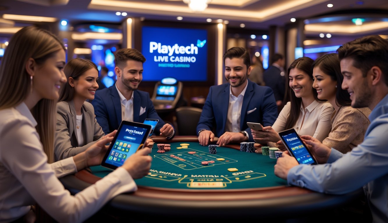Beberapa orang muda duduk di meja kasino live yang modern, menggunakan tablet dan ponsel untuk bermain permainan kasino Playtech.